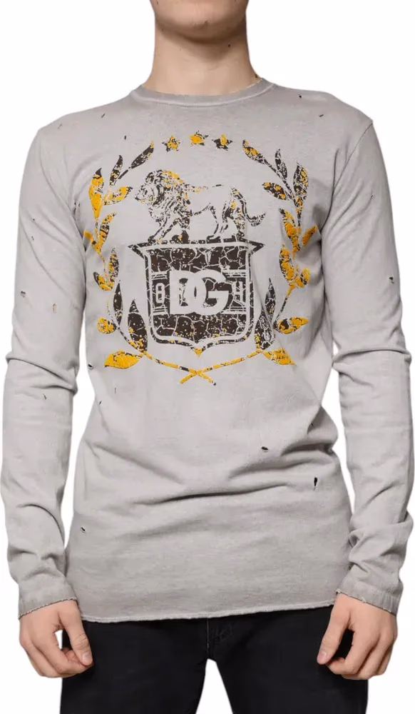 Dolce & Gabbana Gray Printed Cotton Crewneck Pullover Sweater