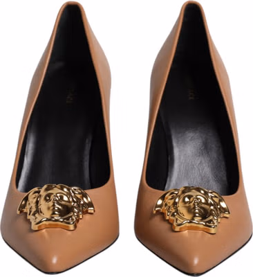 Brown Leather Logo Plaque High Heels Pumps Shoes