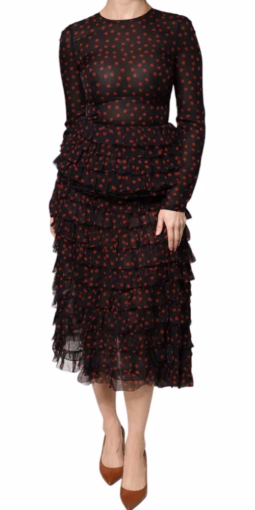 Dolce & Gabbana Black Red Polka Dot Silk Layered Midi Dress