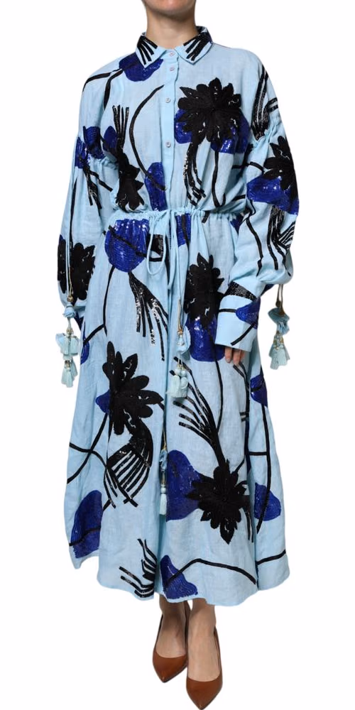 Christian Pellizzari Light Blue Floral Embellished Shirt Maxi Dress