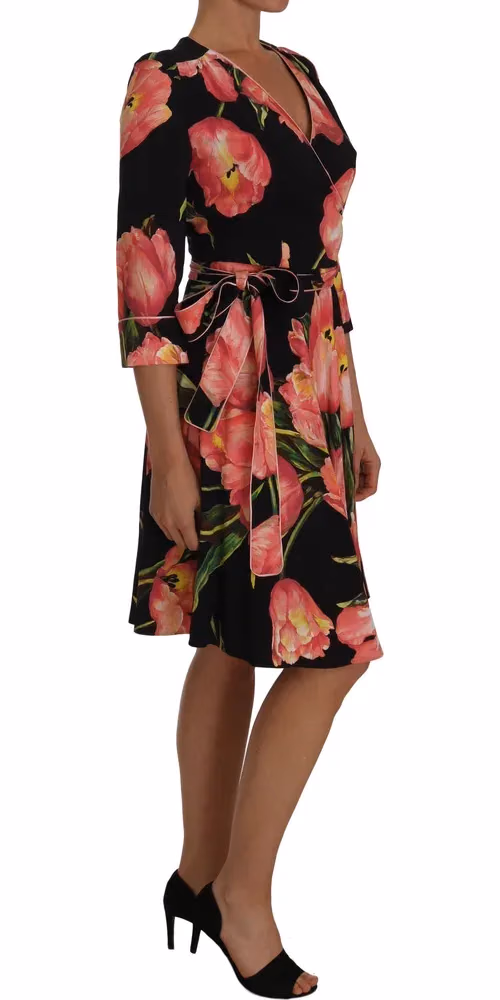 Dolce & Gabbana Black Pink Tulip Print Stretch Shift Dress