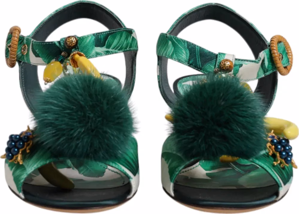 Dolce & Gabbana Green Crystal Fur Embellished Sandals Shoes