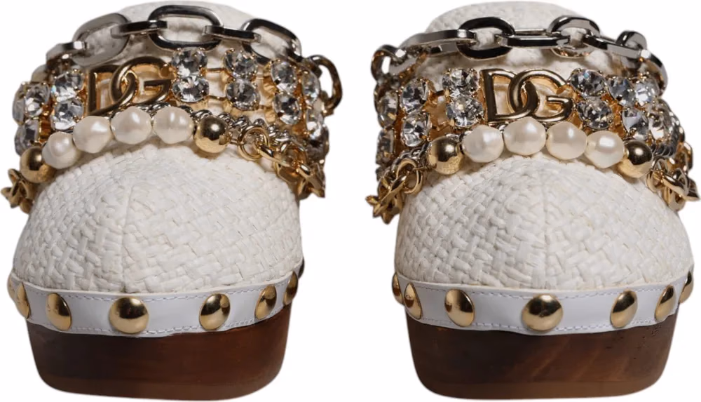 Dolce & Gabbana White Raffia Clogs Bejeweled Chain Sandals Shoes