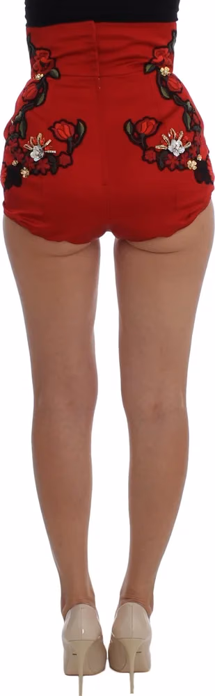 Dolce & Gabbana Red Silk Crystal Roses Shorts