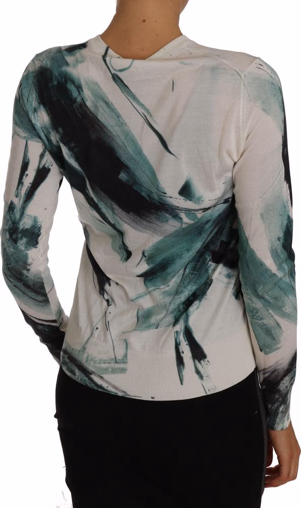 Dolce & Gabbana White Silk Cardigan Lightweight Paint Stroke Sweater