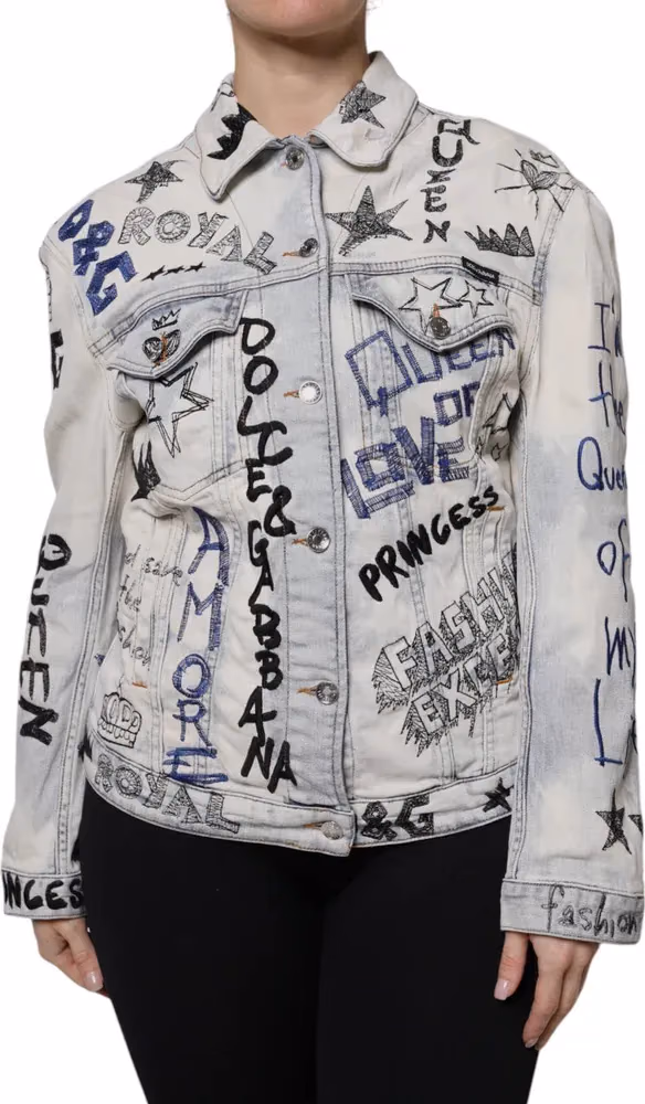 Dolce & Gabbana Light Blue Graffiti Button Down Denim Jacket