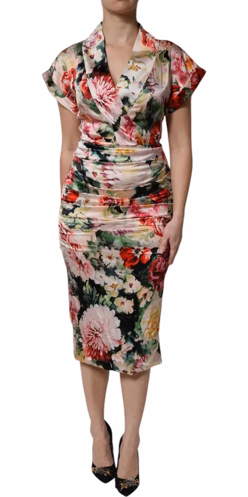 Dolce & Gabbana Multicolor Floral Short Sleeves Sheath Midi Dress