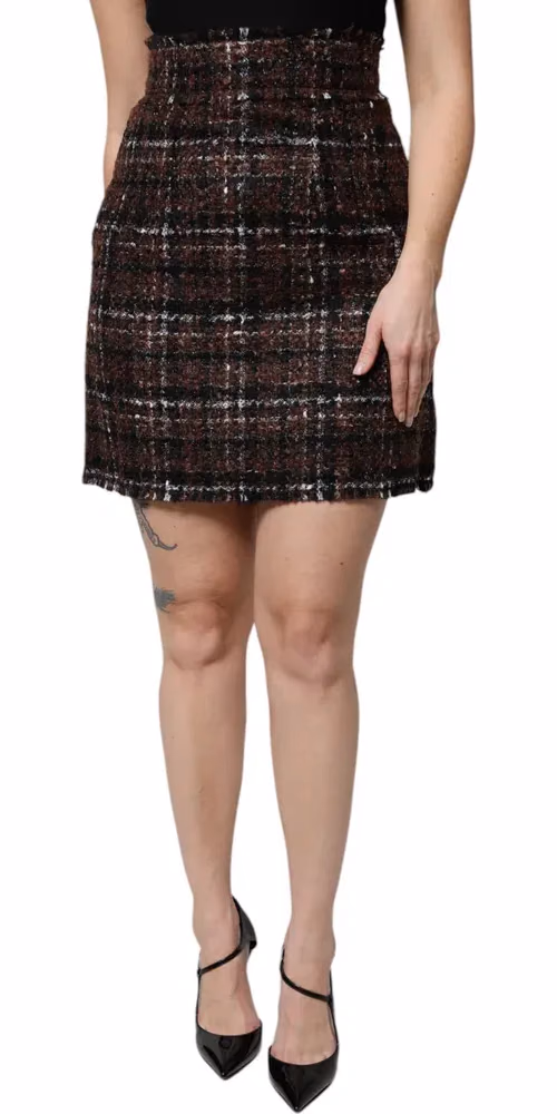 Dolce & Gabbana Multicolor High Waist Tartan Tweed Pencil Cut Skirt