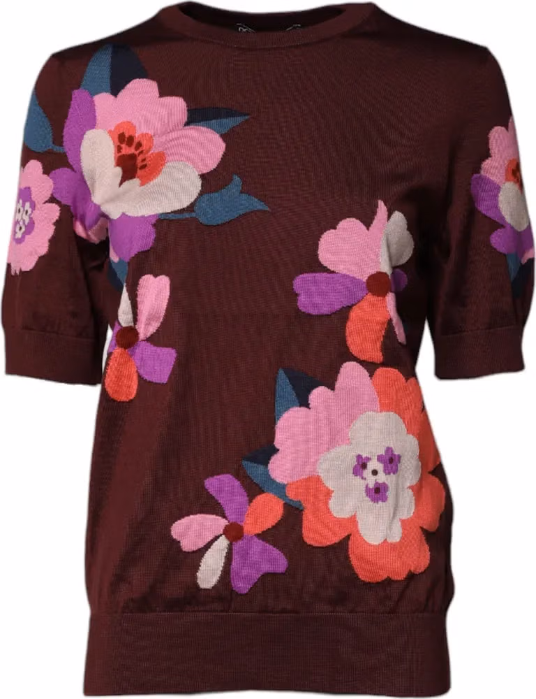 Dolce & Gabbana Maroon Floral Silk Crew Neck Blouse Top