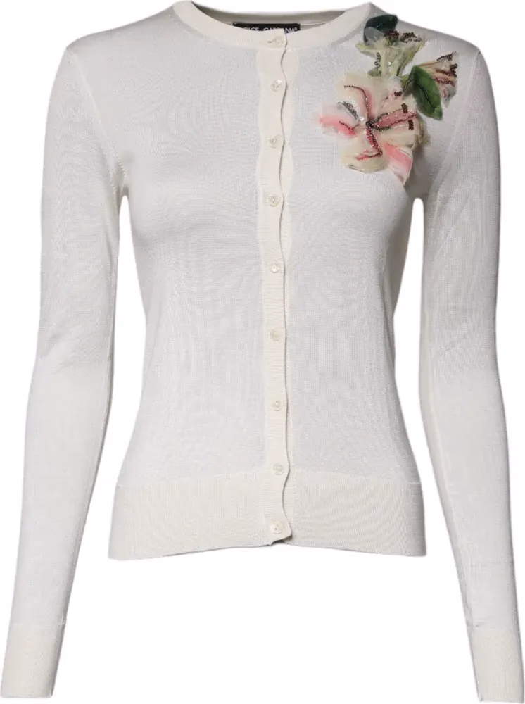 Dolce & Gabbana Cream Floral Silk Embellished Cardigan Sweater