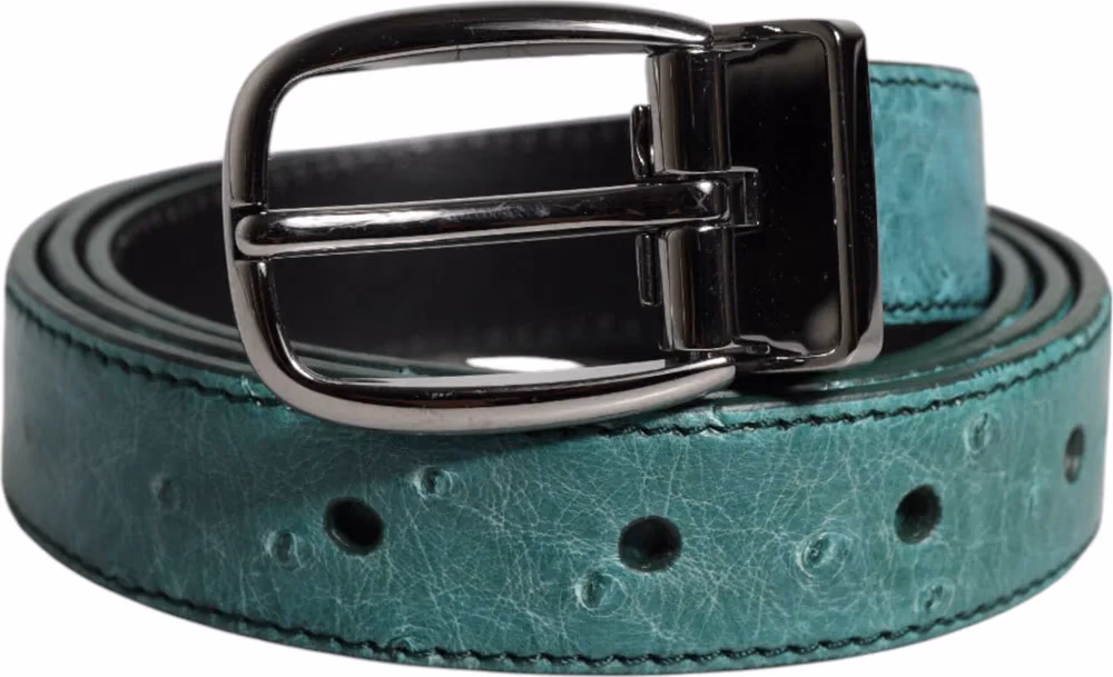 Dolce & Gabbana Green Ostrich Leather Silver Metal Buckle Belt