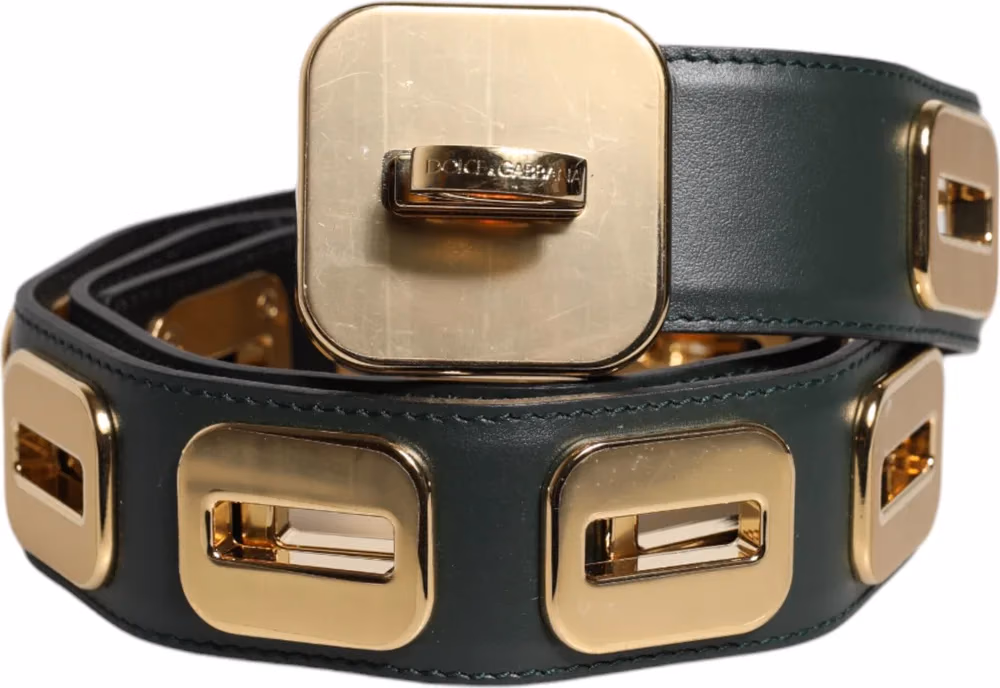 Dolce & Gabbana Green Leather Gold Tone Rotating Buckle Belt