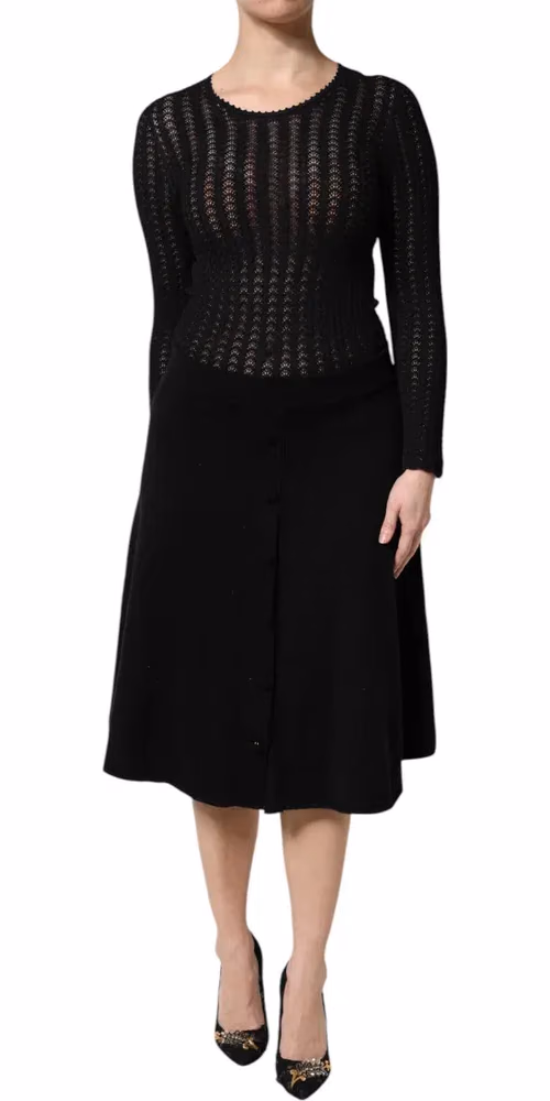 Dolce & Gabbana Black Cashmere Long Sleeves A-line Midi Dress
