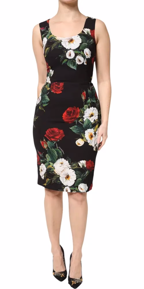 Dolce & Gabbana Black Floral Print Sleeveless Sheath Dress