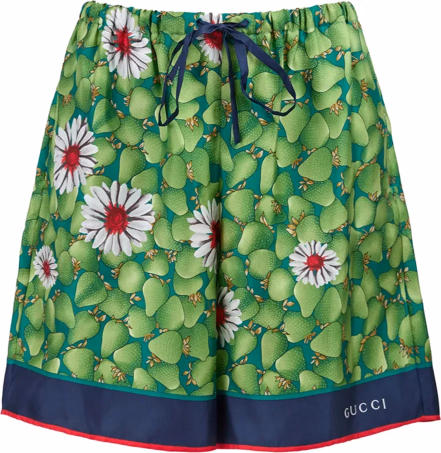 Gucci Green Flower Printed Silk Shorts