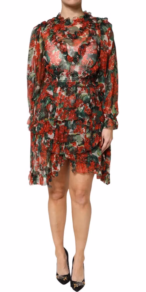 Dolce & Gabbana Multicolor Ruffle Floral Long Sleeves Dress