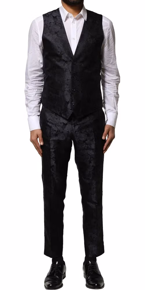 Dolce & Gabbana Dark Gray Black Jacquard 3 Piece Single Breasted Suit