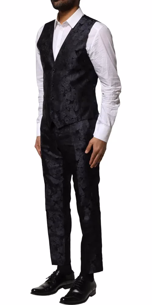 Dolce & Gabbana Dark Gray Black Jacquard 3 Piece Single Breasted Suit