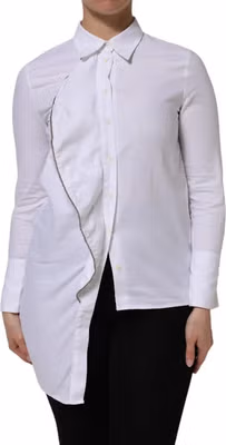 White Cotton Collared Long Sleeves Ruffle Top Shirt