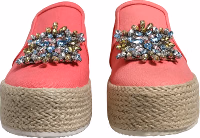 Pink Canvas Crystal Embellished Slip On Shoes
