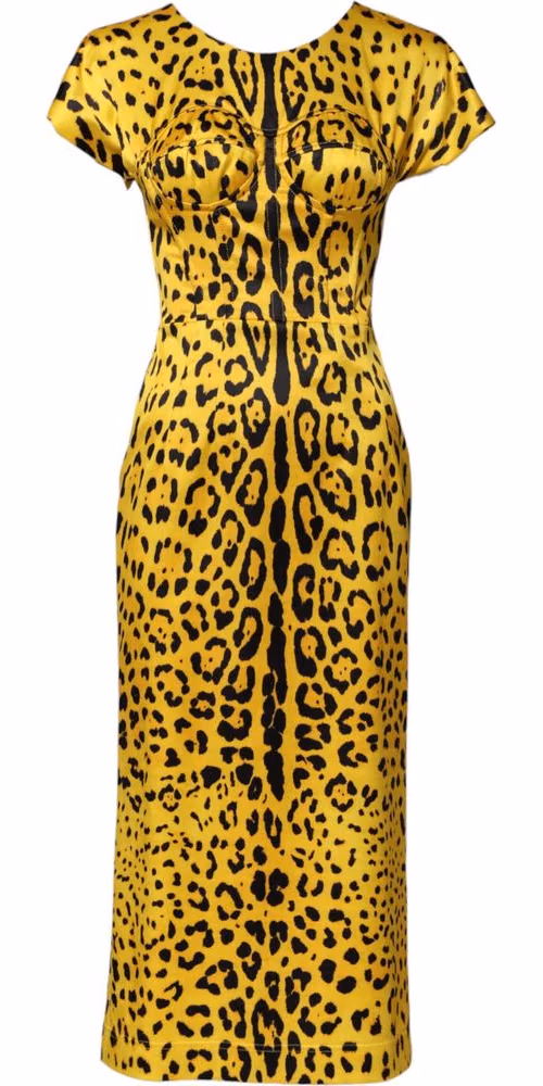 Dolce & Gabbana Yellow Polyester Leopard Midi Sheath Dress