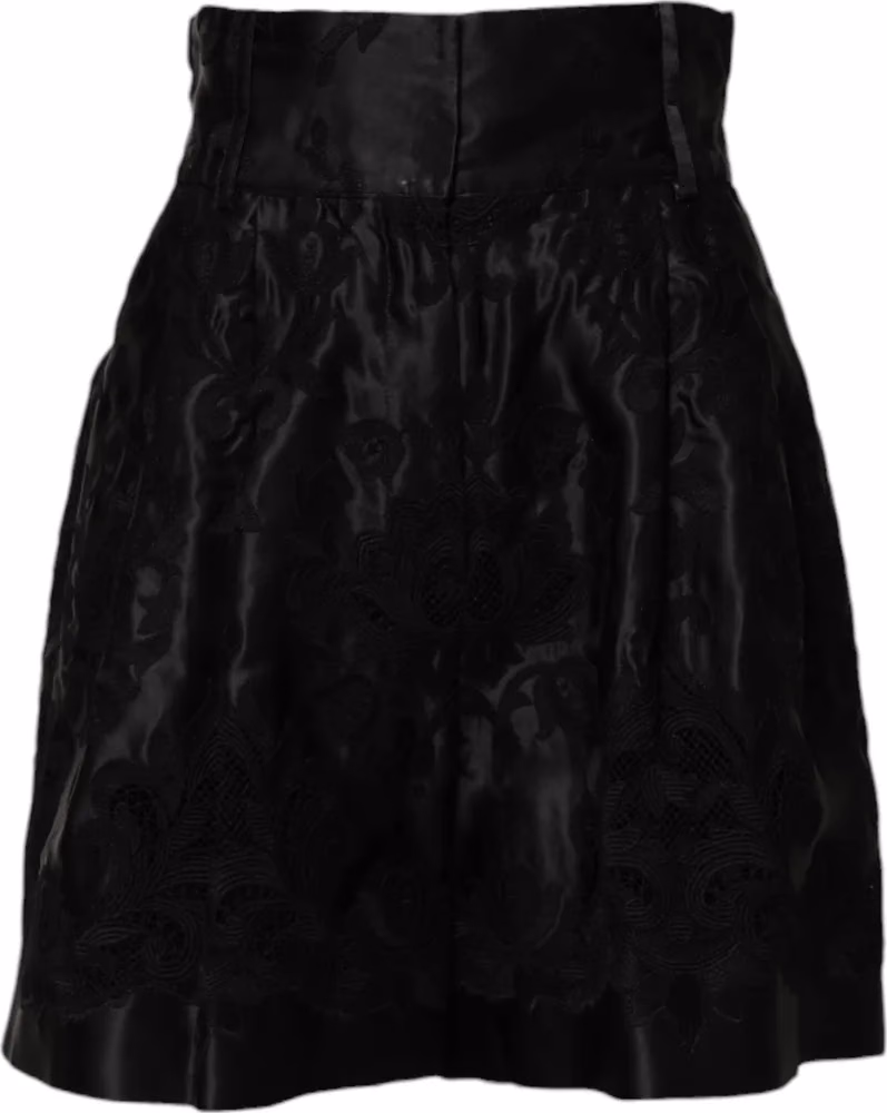 Dolce & Gabbana Black Floral Embroidery Silk High Waist Shorts
