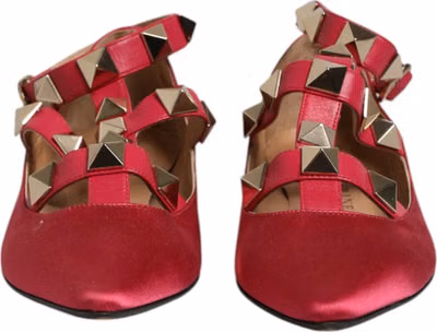 Red Gold Studded Pointed Toe Ballet Flats Shoes
