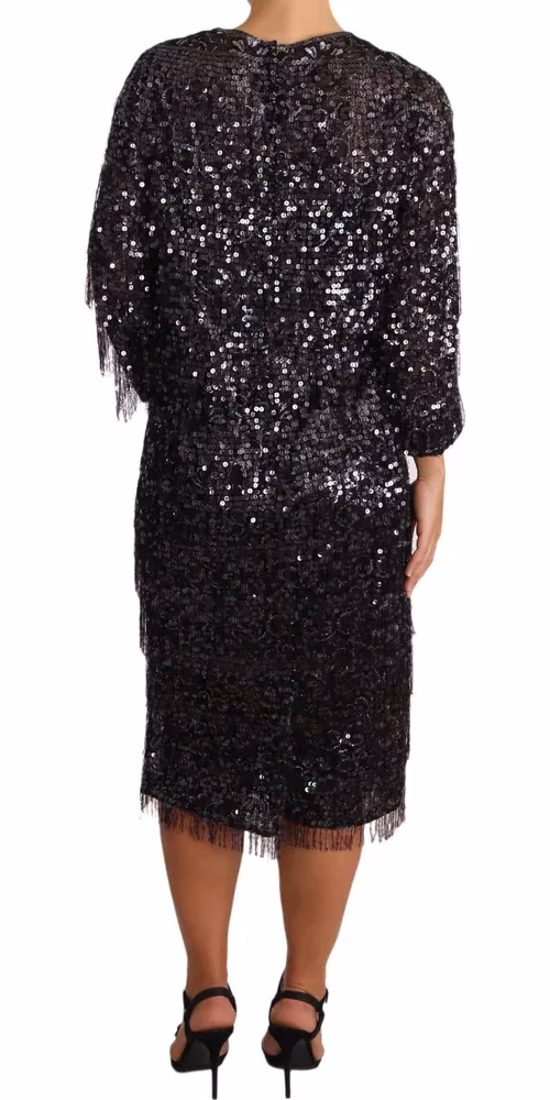 Dolce & Gabbana Black Sequined Long Sleeve Shift Midi Dress