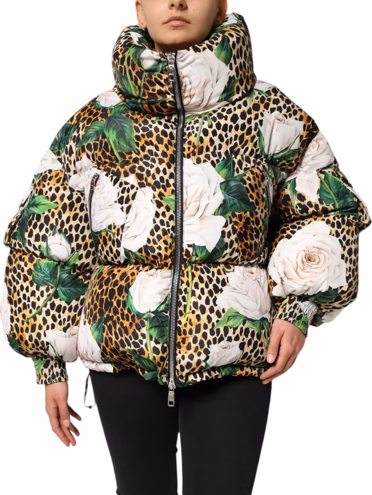 Dolce & Gabbana Multicolor Leopard Rose Puffer Quilted Jacket