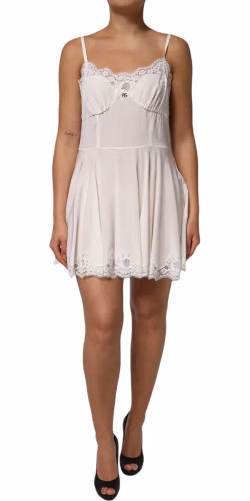 Dolce & Gabbana White Lace Gold DG Logo Silk Dress Sleepwear