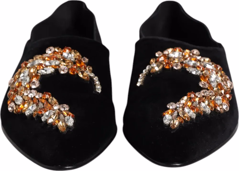 Dolce & Gabbana Black Velvet Embellished Loafer Slip On Shoes