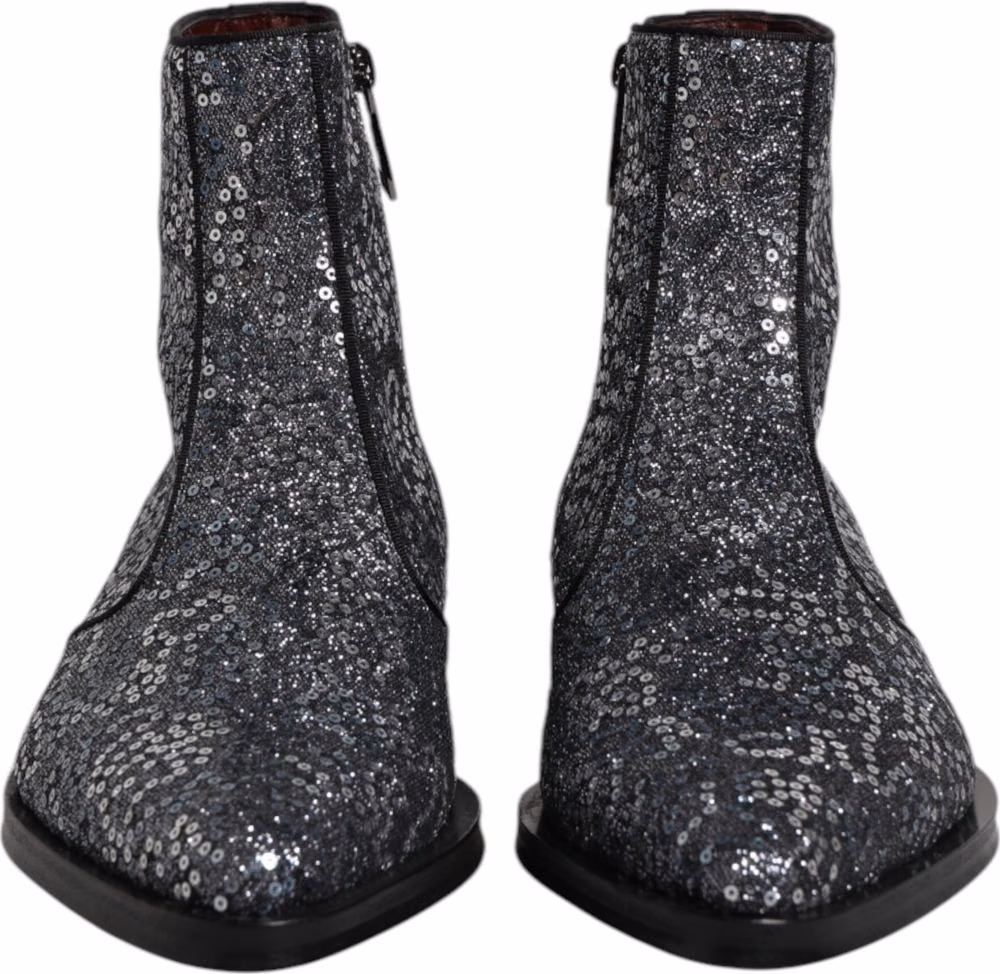 Dolce & Gabbana Dark Gray Cotton Sequined Chelsea Boots Shoes