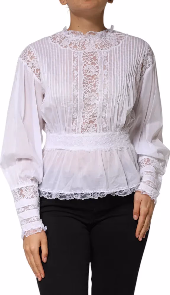 Dolce & Gabbana White Cotton Floral Lace Long Sleeves Top