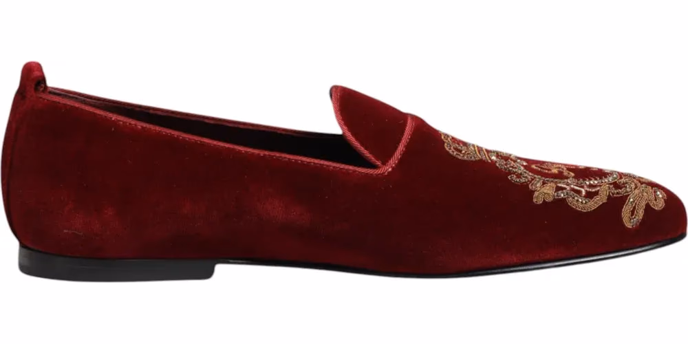 Dolce & Gabbana Red Velvet Gold Crown Mens Loafers Shoes