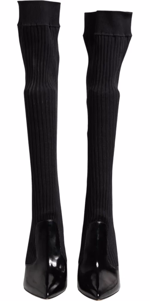 Dolce & Gabbana Black Leather Ribbed Knit Knee Boots Shoes