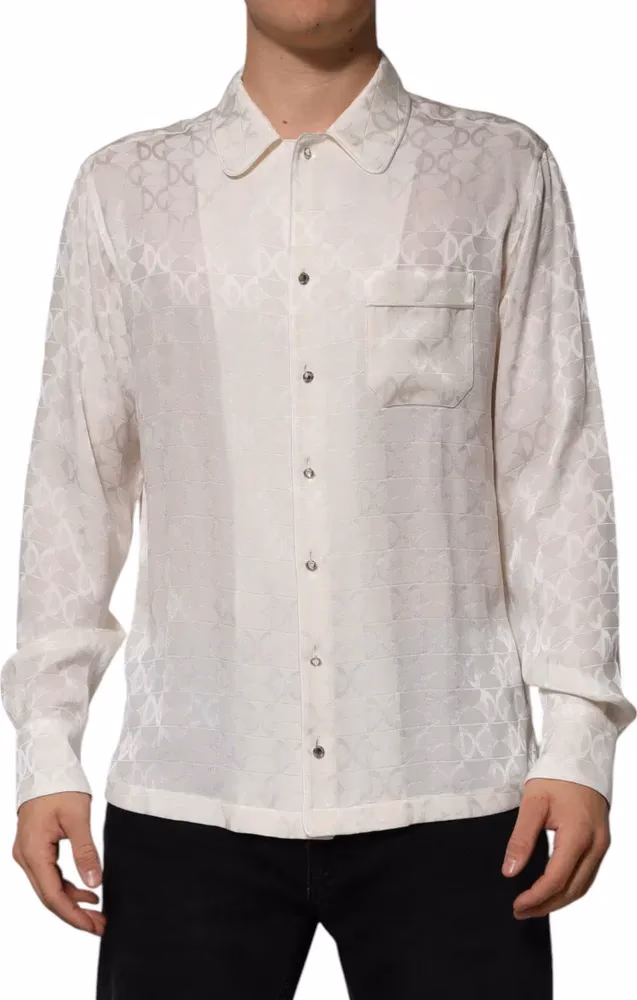Dolce & Gabbana White Silk DG Logo Print Long Sleeves Shirt