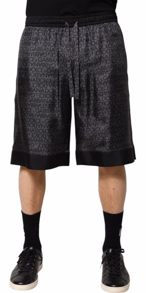 Dolce & Gabbana Gray Black Silk DG Logo Men Bermuda Shorts