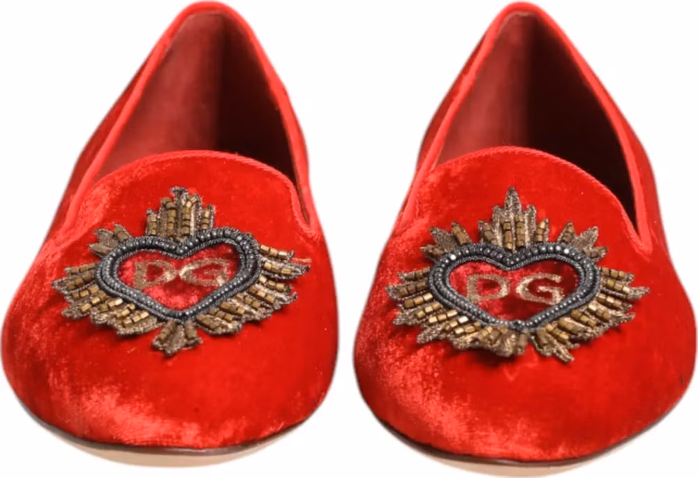 Dolce & Gabbana Red Velvet DG Heart Loafers Flat Shoes
