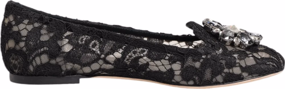 Dolce & Gabbana Black Taormina Lace Crystals Flats Shoes