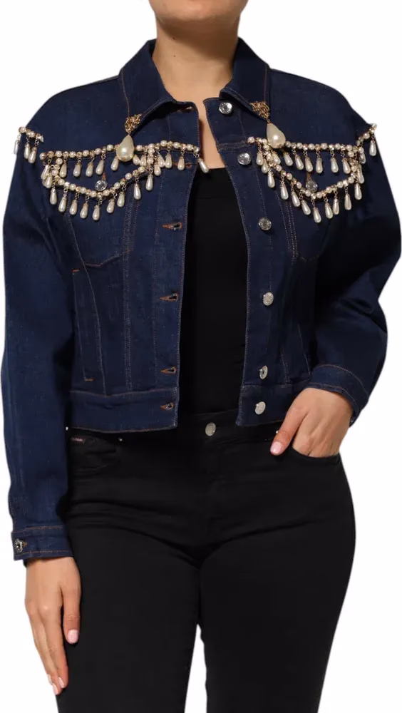 Dolce & Gabbana Blue Cotton Denim Crystal Embellished Jacket