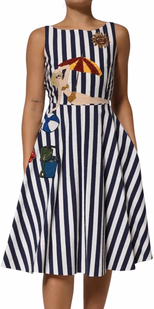 Dolce & Gabbana Blue White Striped Embroidered A-line Dress