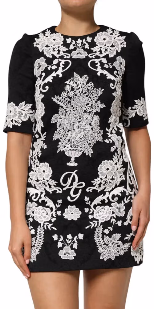 Dolce & Gabbana Black Lace Trim Short Sleeves A-line Dress