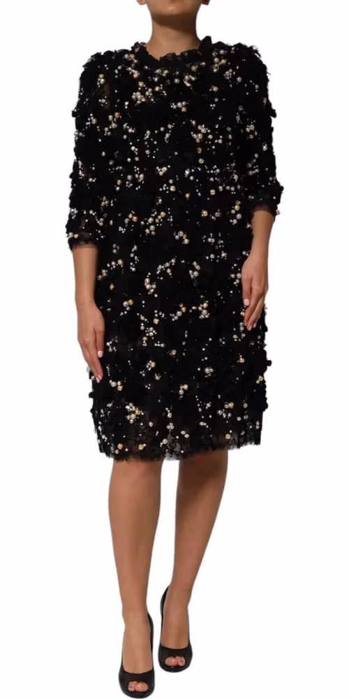 Dolce & Gabbana Black Viscose Pearl Embellishment Shift Dress
