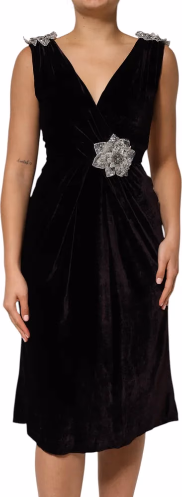 Dolce & Gabbana Black Velvet Flower Embellishment Aline Dress