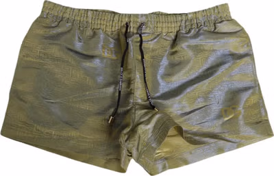 Green Polyester Metallic Logo Print Men Swimwear