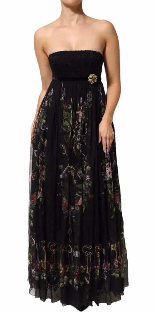 Dolce & Gabbana Black Floral Key Print Crystal Strapless Dress