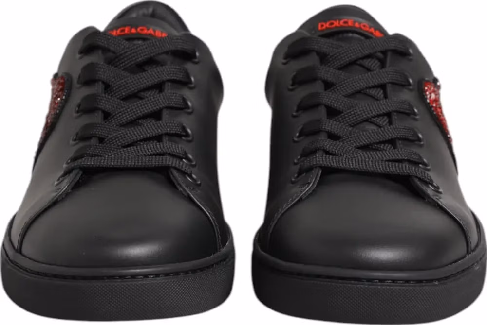 Dolce & Gabbana Black Leather Crystal Heart Low Top Sneakers  Shoes
