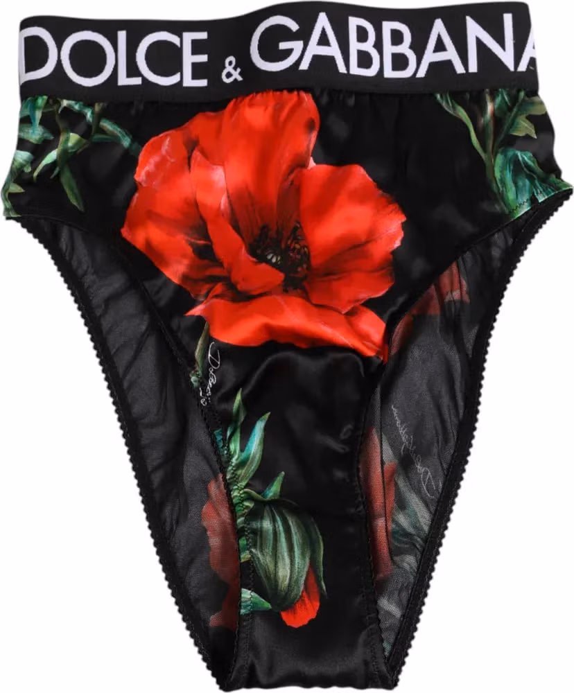 Dolce & Gabbana Black Floral Silk High Waist Panty Underwear
