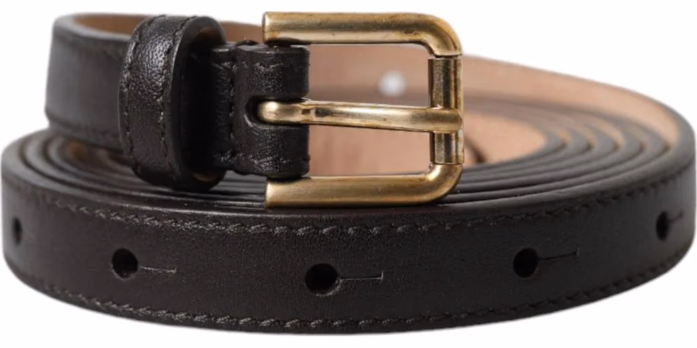Dolce & Gabbana Black Leather Long Skinny Gold Metal Buckle Belt