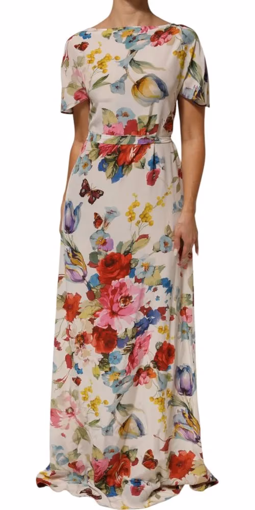 Dolce & Gabbana White Floral Print Silk Sheath LongGown Dress